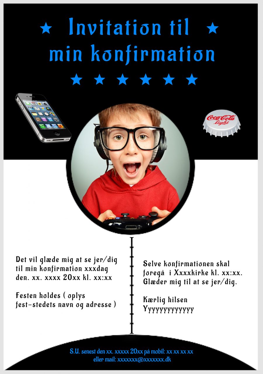Invitation til konfirmation - Foldet A5 - Dreng - design nr 13 - blå tekst