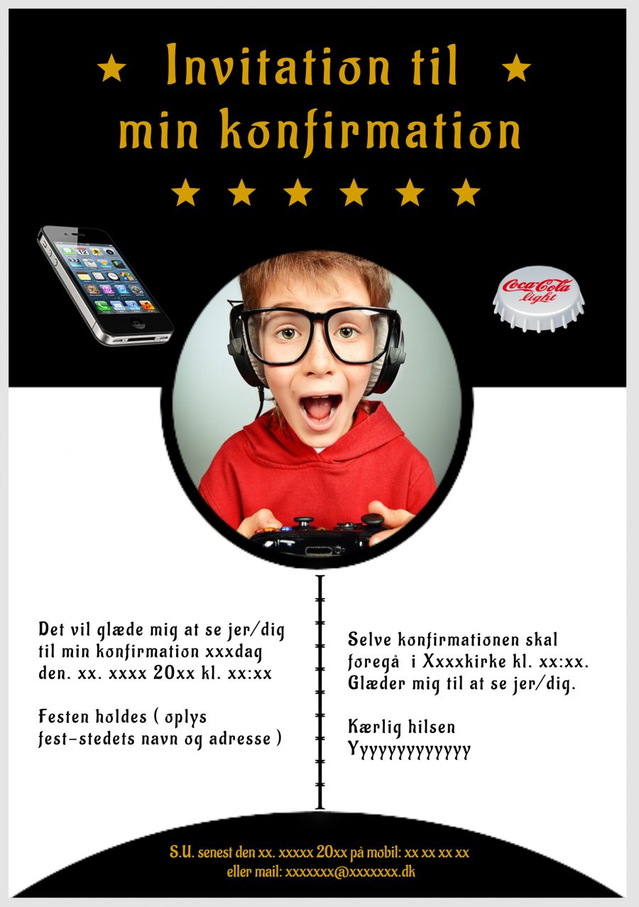 Invitation til konfirmation - Foldet A5 - Dreng - design nr 15 - Brun tekst