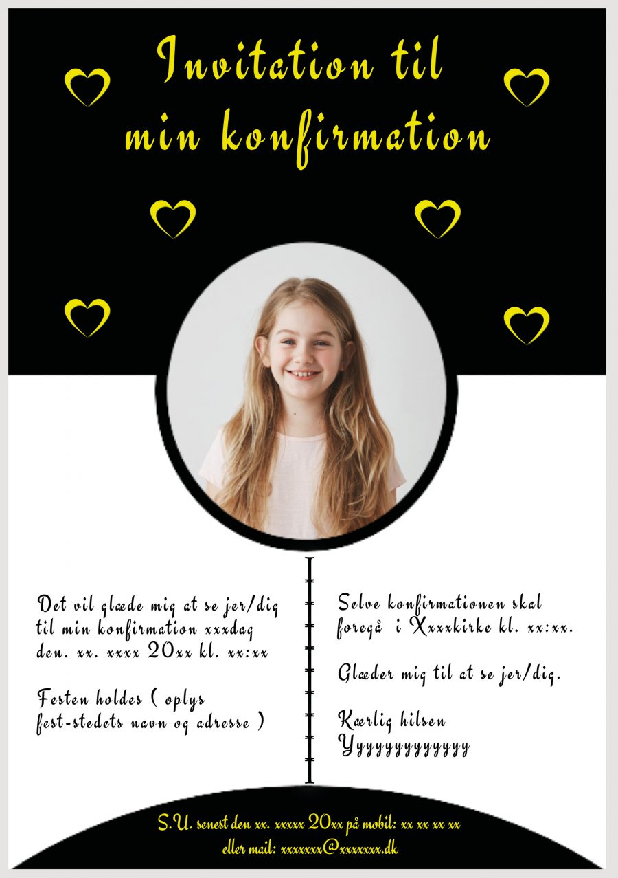 Invitation til konfirmation - Foldet A5 - Pige - design nr 13 - Gul