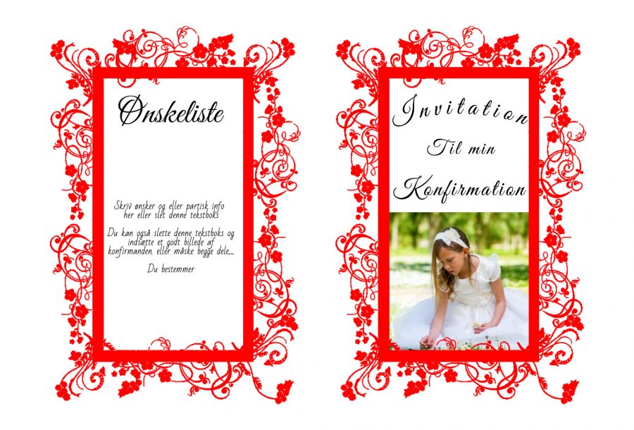 Invitation til konfirmation - A5 udgave nr 3 - Pige - Rød
