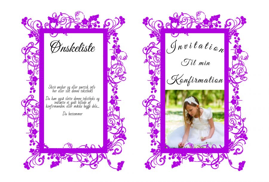 Invitation til konfirmation - A5 udgave nr 3 - Pige - Lilla