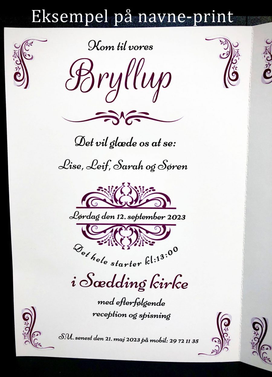 Invitation til bryllup - foldet A4 - Design nr 1 - Uden billeder - Image 4