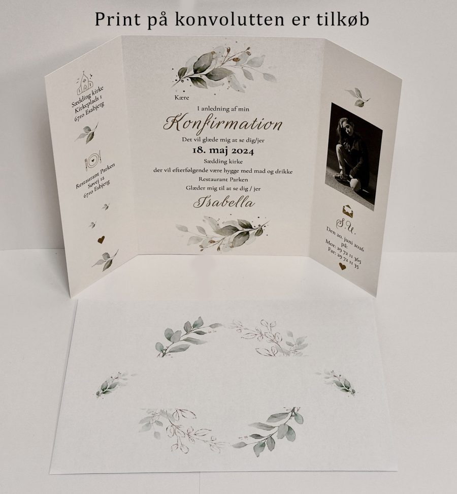 Invitation til konfirmation - foldet A4 - Portefals-Gatefold - Grøn floral - Image 4