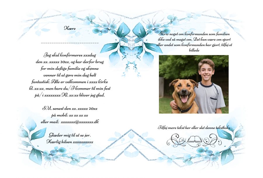 Invitation til konfirmation - A5 lys blå floral - Image 2