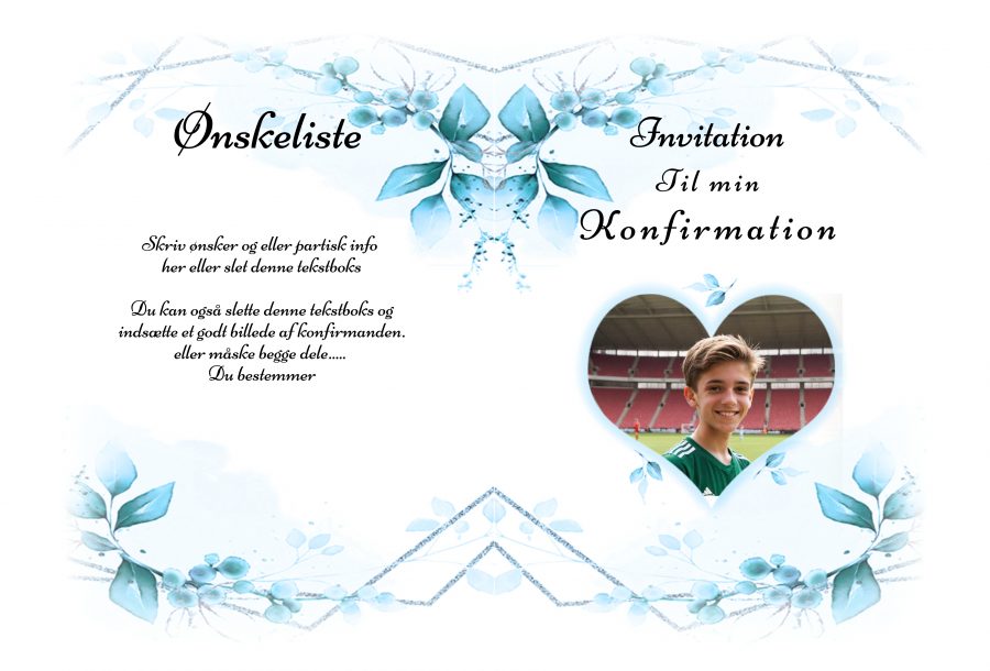 Invitation til konfirmation - A5 lys blå floral