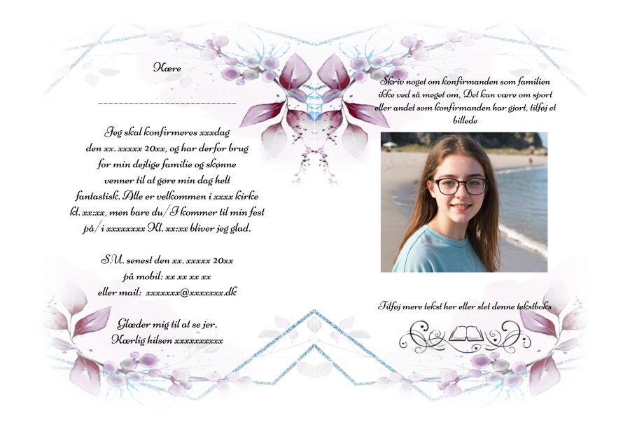 Invitation til konfirmation - A5 lilla floral - Image 2