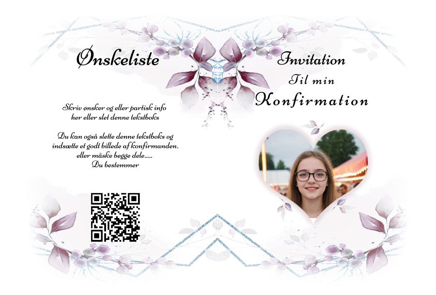 Invitation til konfirmation - A5 lilla floral