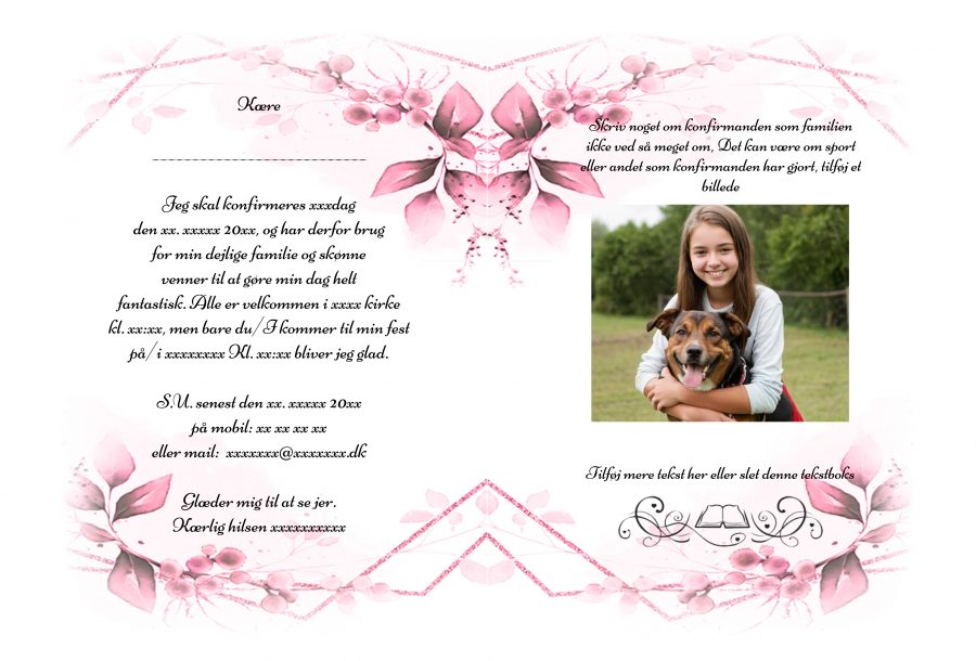 Invitation til konfirmation - A5 rosa floral - Image 2