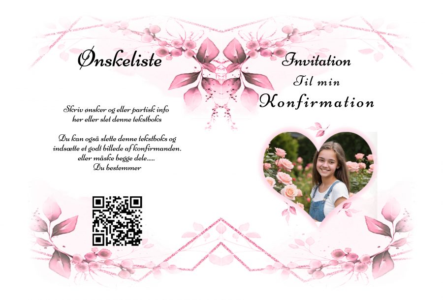 Invitation til konfirmation - A5 rosa floral