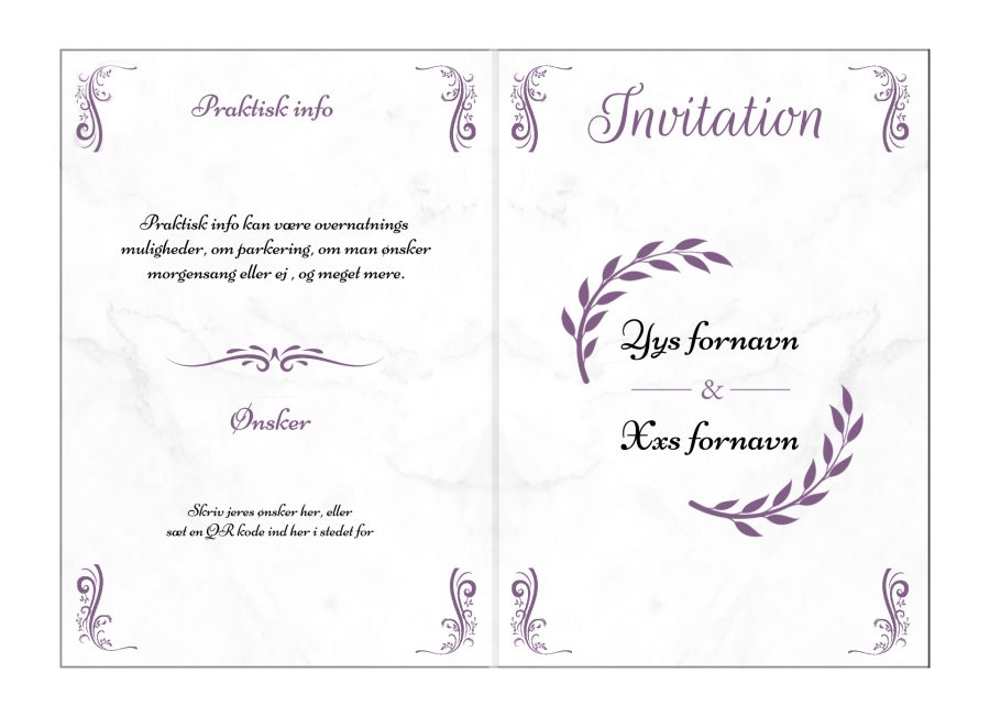 Invitation til kobber-sølv-guld-diamantbryllup - Støvet lilla - foldet A5 - Marmor design - Uden billeder