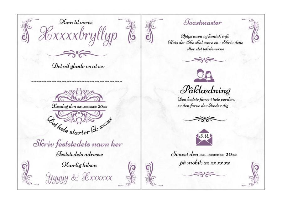 Invitation til kobber-sølv-guld-diamantbryllup - Støvet lilla - foldet A5 - Marmor design - Uden billeder - Image 2