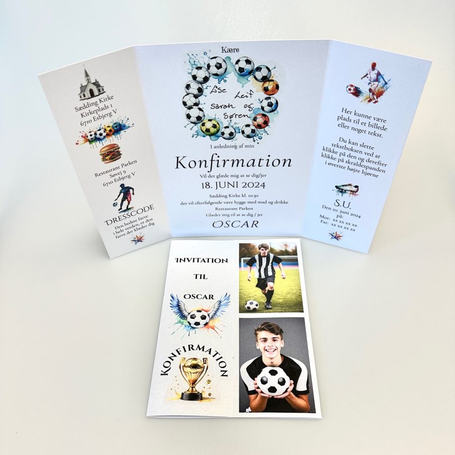 Invitation til konfirmation - foldet A4 - Portfals-Gatefold - Fodbold design