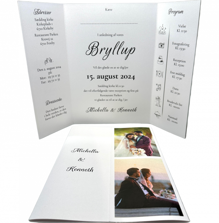 Invitation til bryllup - foldet A4 - Portfals-Gatefold - Enkelt