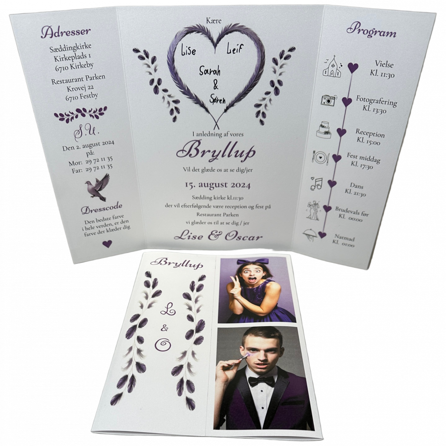 Invitation til bryllup - foldet A4 - Portefals-Gatefold - Lilla tema