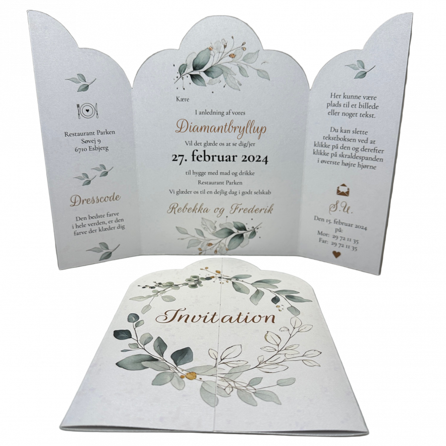 Invitation til diamantbryllup - foldet A4 - Portfals-Gatefold - Grøn floral - Bølget udgave