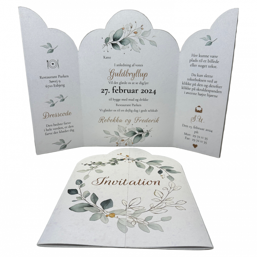 Invitation til guldbryllup - foldet A4 - Portfals-Gatefold - Grøn floral - Bølget udgave