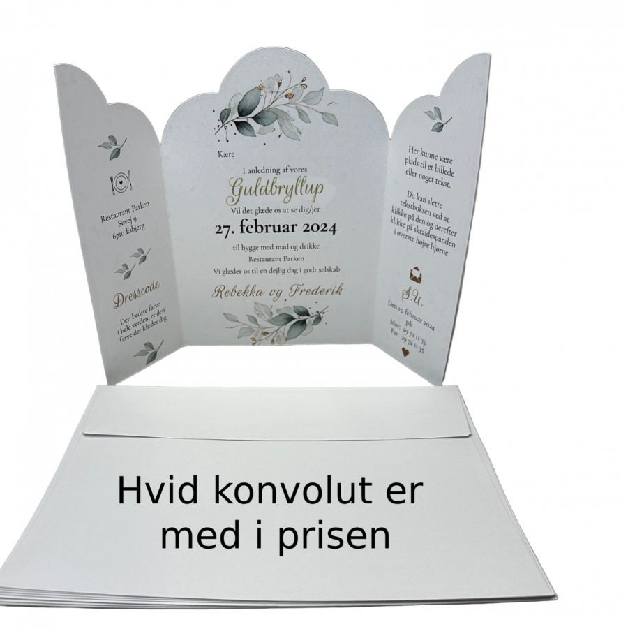 Invitation til guldbryllup - foldet A4 - Portfals-Gatefold - Grøn floral - Bølget udgave - Image 5