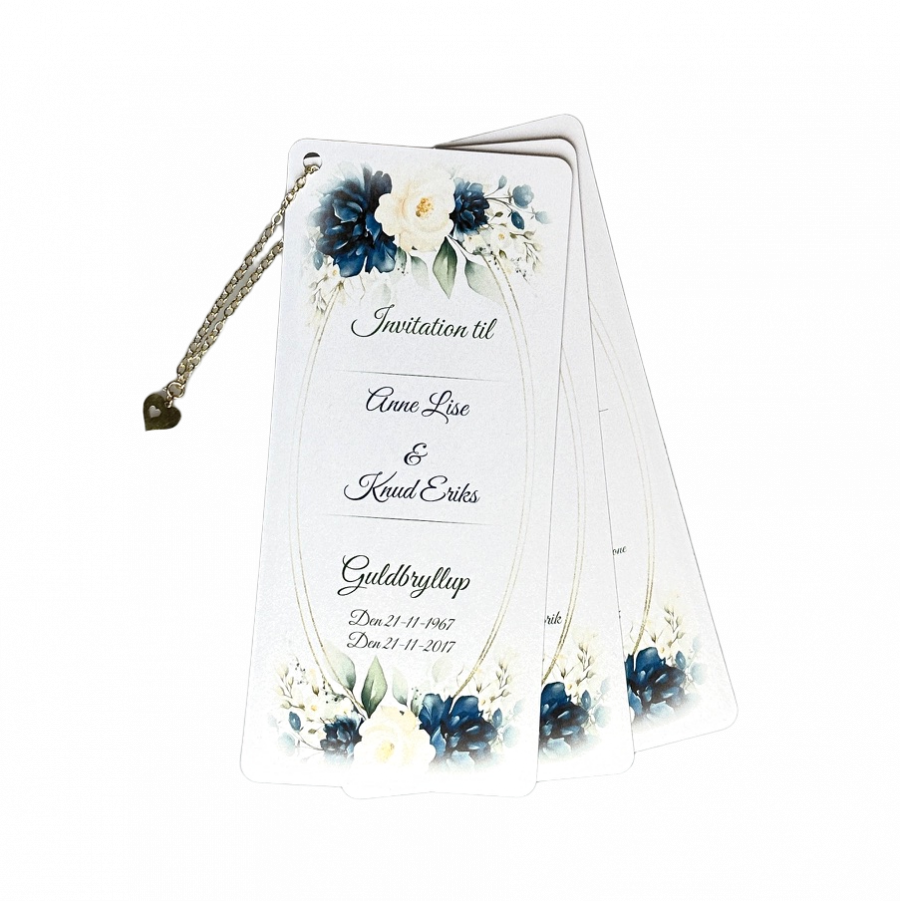 Invitation til guldbryllup - Slim size - Blå blomst