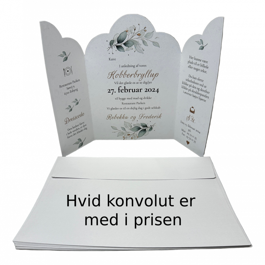 Invitation til kobberbryllup - foldet A4 - Portfals-Gatefold - Grøn floral - Bølget udgave - Image 5