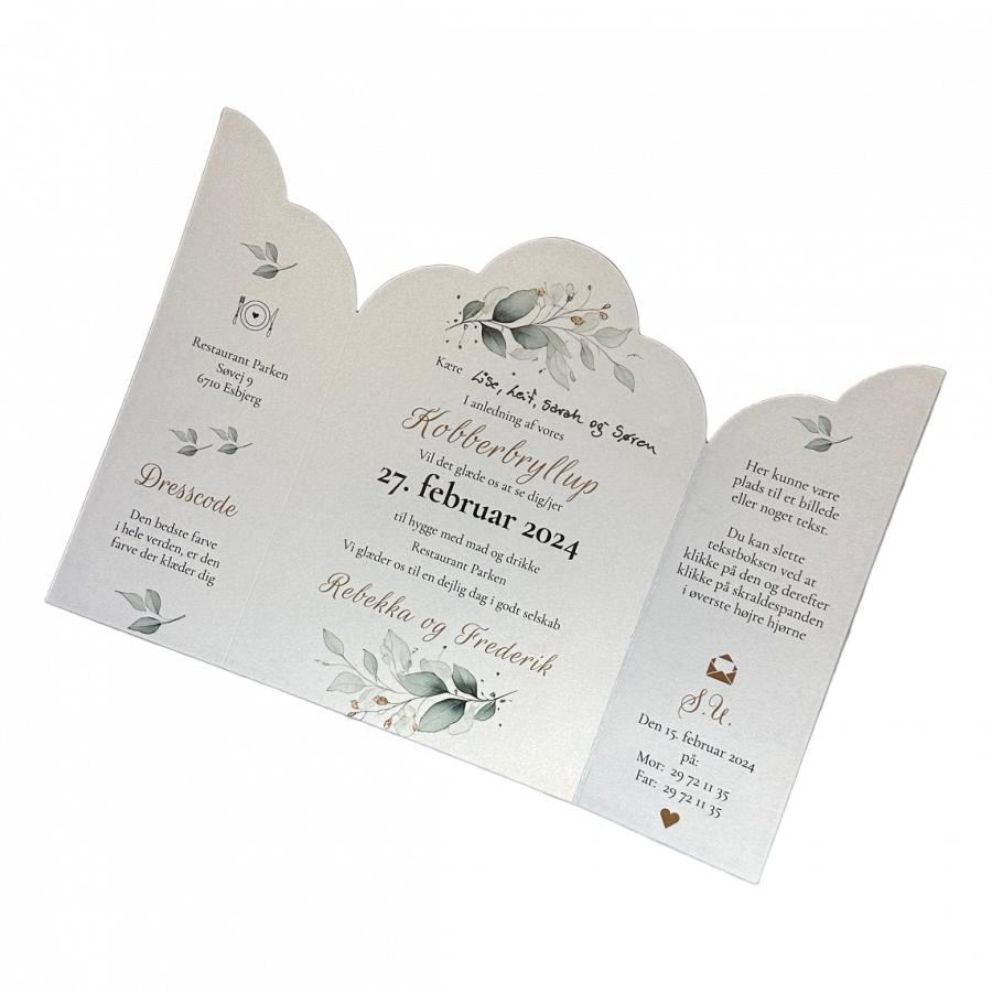 Invitation til kobberbryllup - foldet A4 - Portfals-Gatefold - Grøn floral - Bølget udgave - Image 2