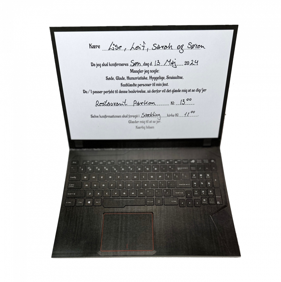 Invitation til konfirmation - Laptop design -  Fortrykt tekst