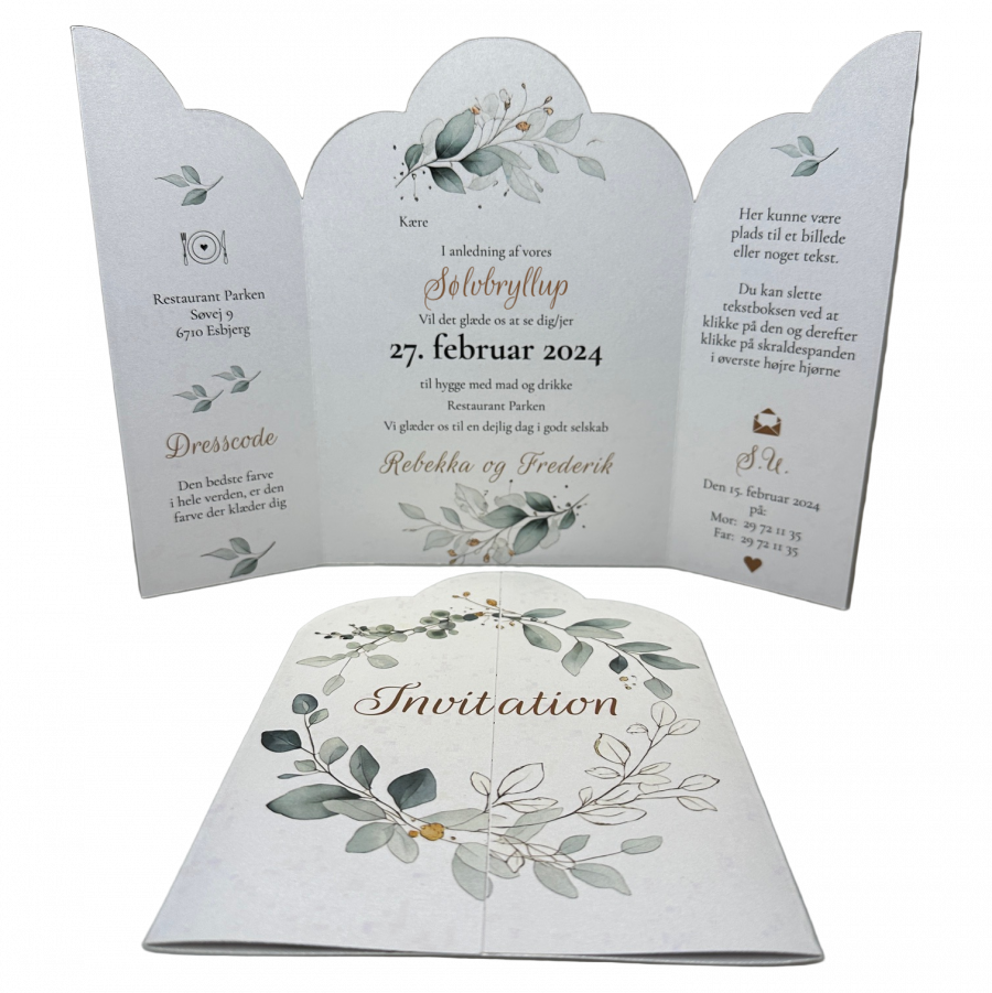 Invitation til sølvbryllup - foldet A4 - Portfals-Gatefold - Grøn floral - Bølget udgave