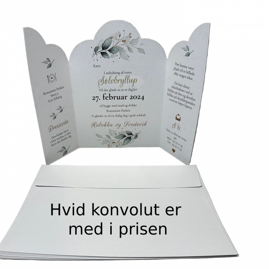 Invitation til sølvbryllup - foldet A4 - Portfals-Gatefold - Grøn floral - Bølget udgave - Image 5
