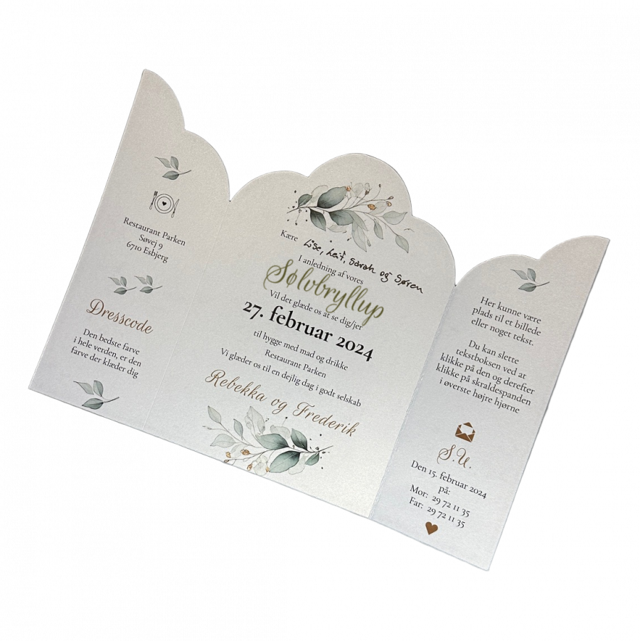 Invitation til sølvbryllup - foldet A4 - Portfals-Gatefold - Grøn floral - Bølget udgave - Image 2