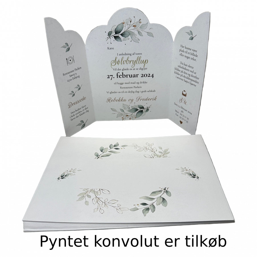 Invitation til sølvbryllup - foldet A4 - Portfals-Gatefold - Grøn floral - Bølget udgave - Image 4