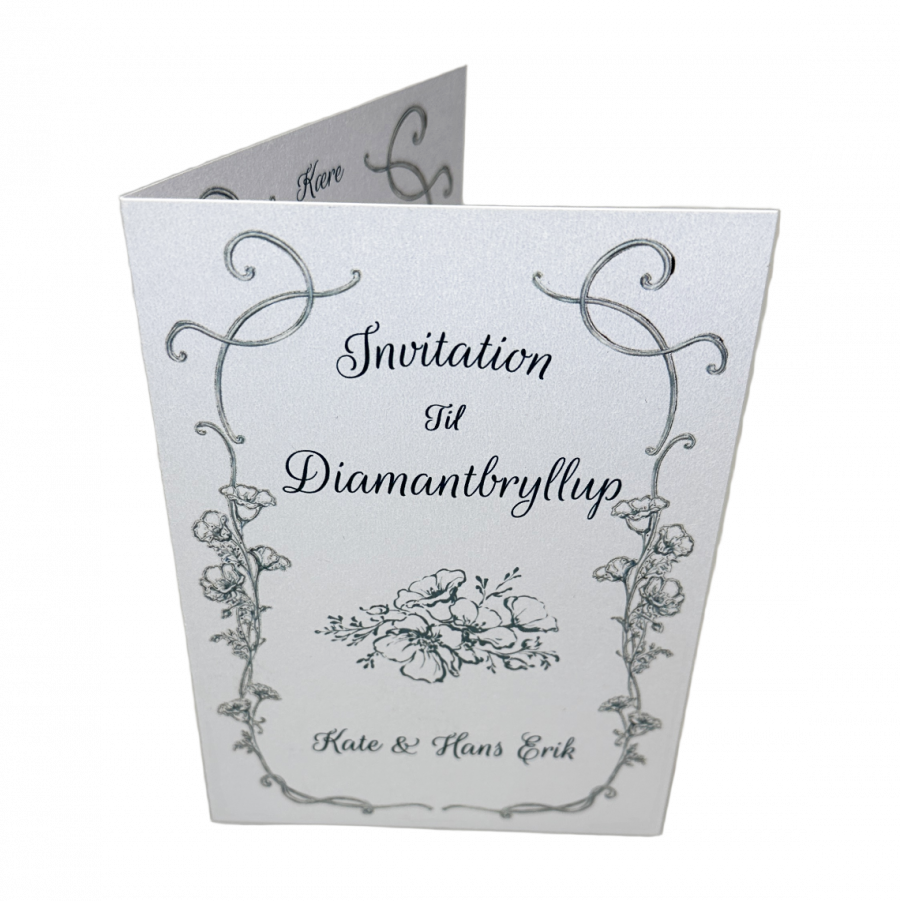 Invitation til diamantbryllup - Foldet A5 - Støvet blå blomster - Image 4
