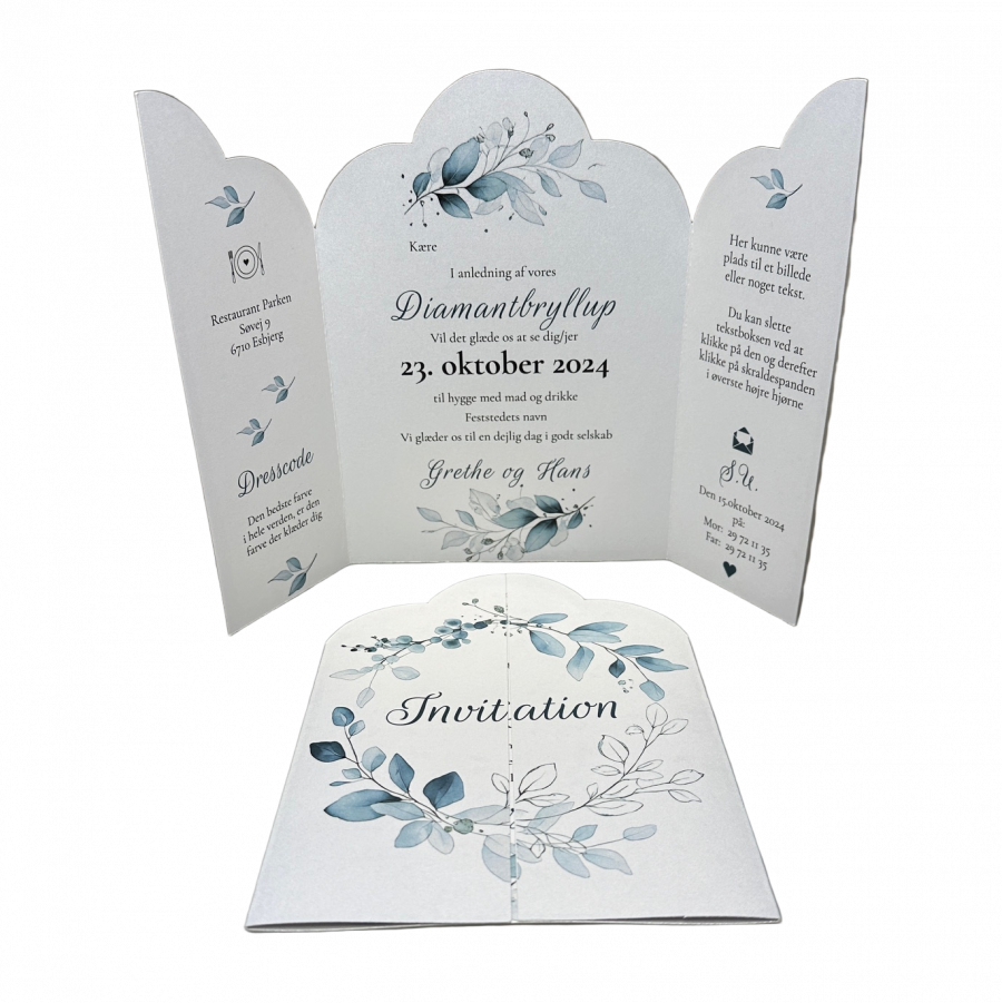 Invitation til diamantbryllup - foldet A4 - Portfals-Gatefold - Støvet blå floral - Bølget udgave