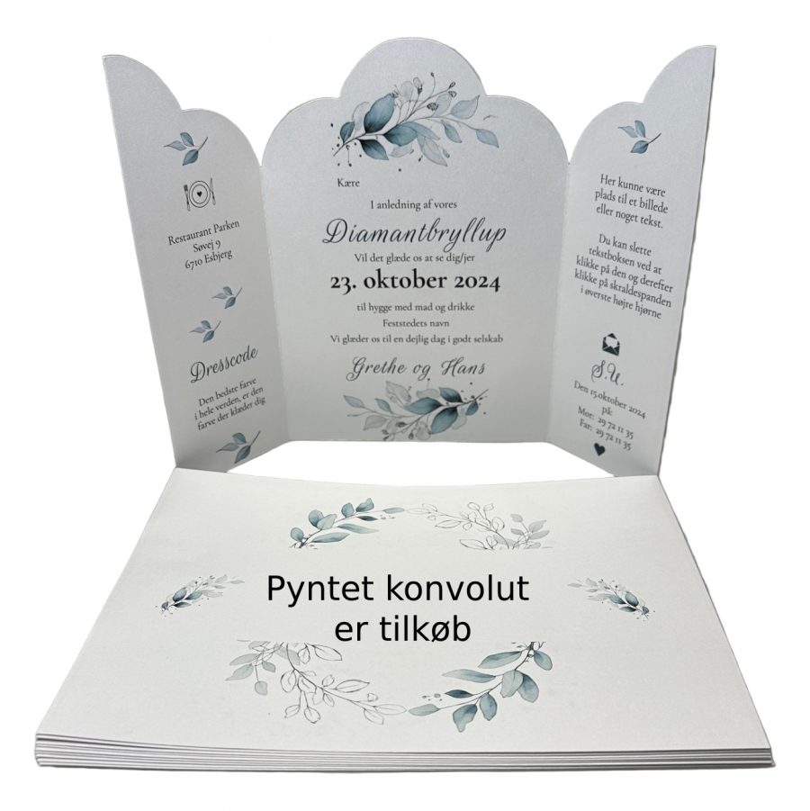 Invitation til diamantbryllup - foldet A4 - Portfals-Gatefold - Støvet blå floral - Bølget udgave - Image 5