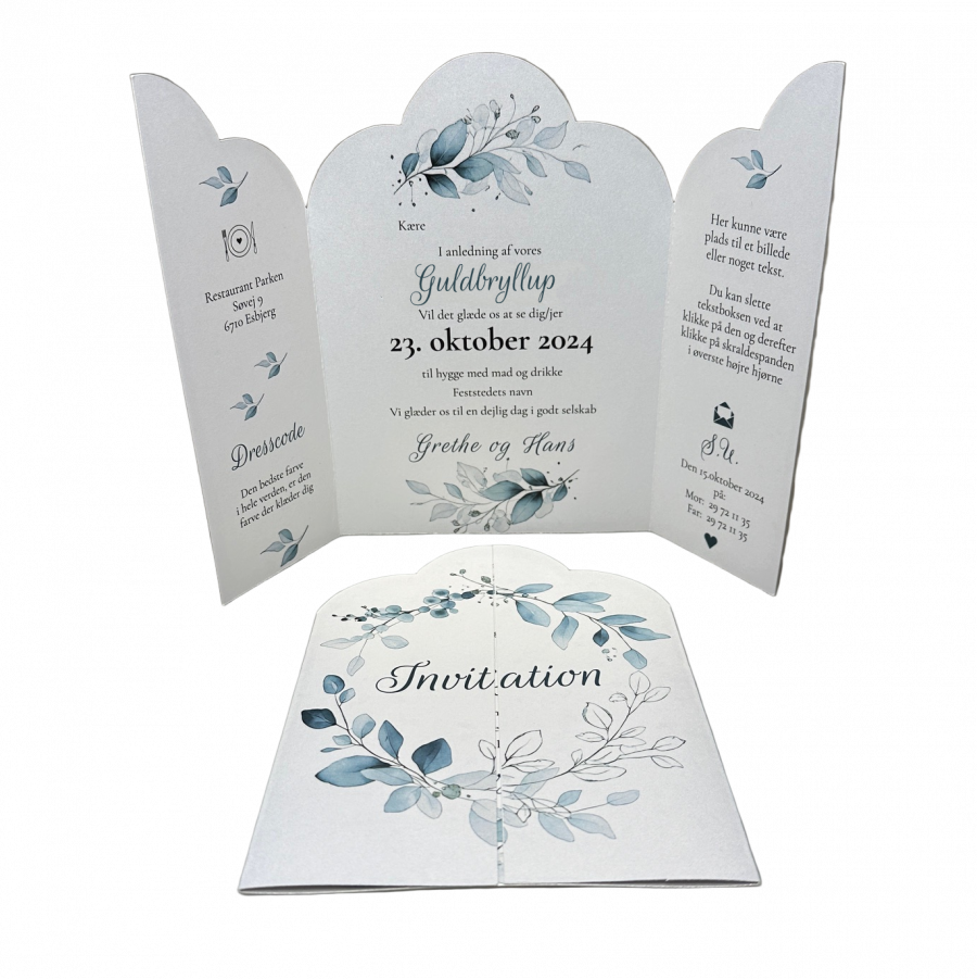 Invitation til guldbryllup - foldet A4 - Portfals-Gatefold - Støvet blå floral - Bølget udgave