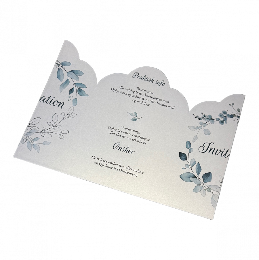 Invitation til sølvbryllup - foldet A4 - Portfals-Gatefold - Støvet blå floral - Bølget udgave - Image 3
