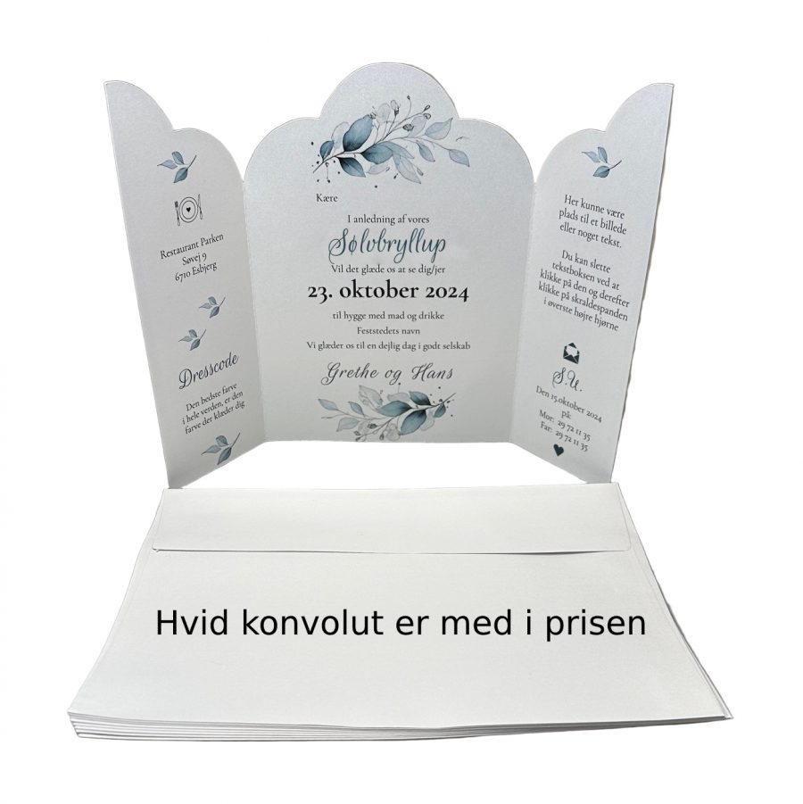 Invitation til sølvbryllup - foldet A4 - Portfals-Gatefold - Støvet blå floral - Bølget udgave - Image 5