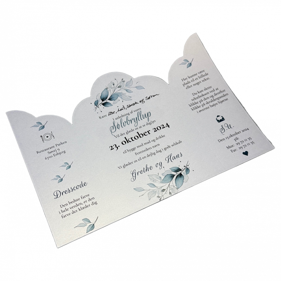 Invitation til sølvbryllup - foldet A4 - Portfals-Gatefold - Støvet blå floral - Bølget udgave - Image 2