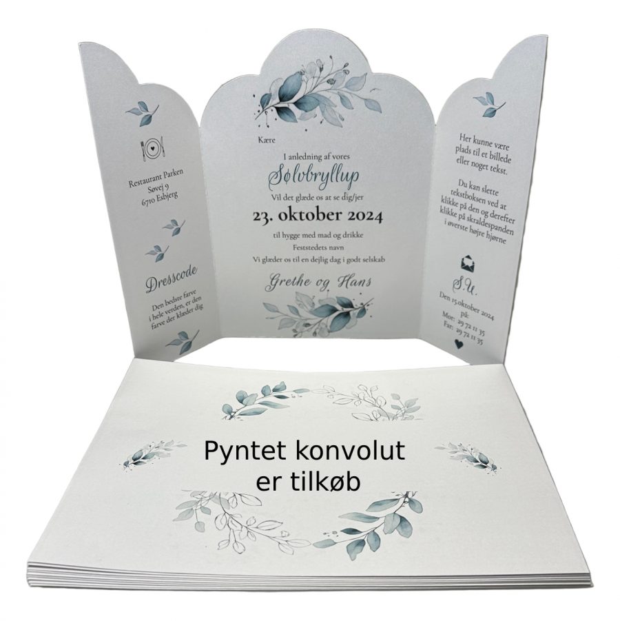 Invitation til sølvbryllup - foldet A4 - Portfals-Gatefold - Støvet blå floral - Bølget udgave - Image 4