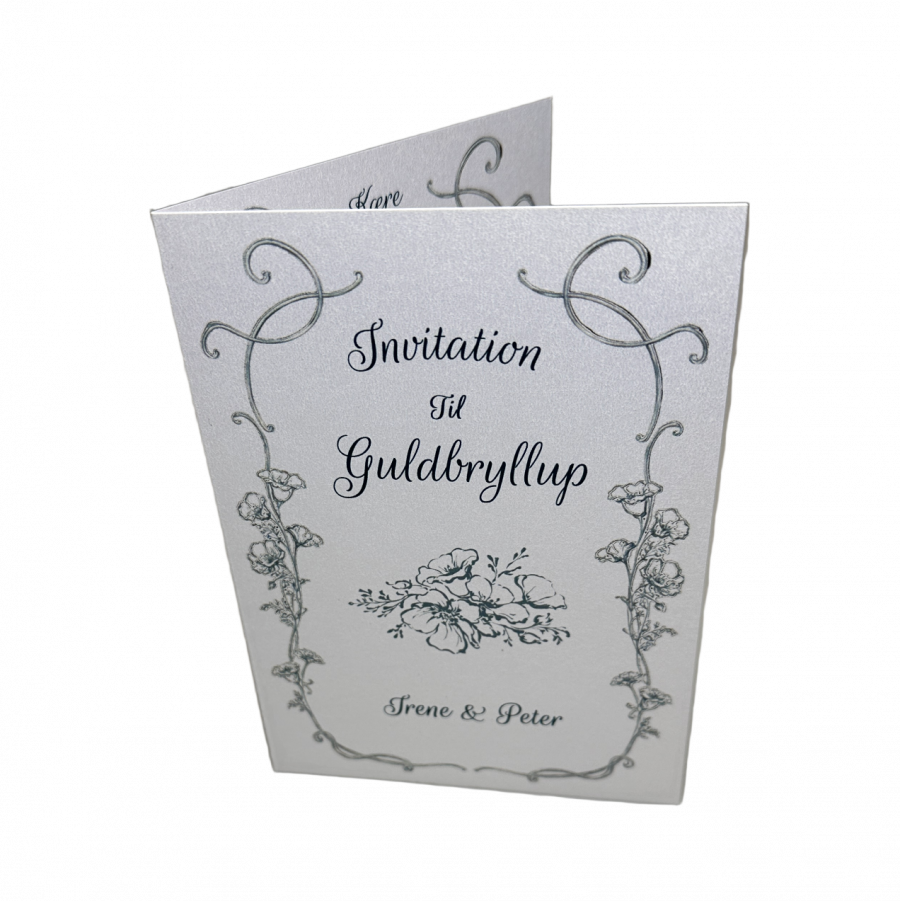 Invitation til guldbryllup - Foldet A5 - Støvet blå blomster - Image 4