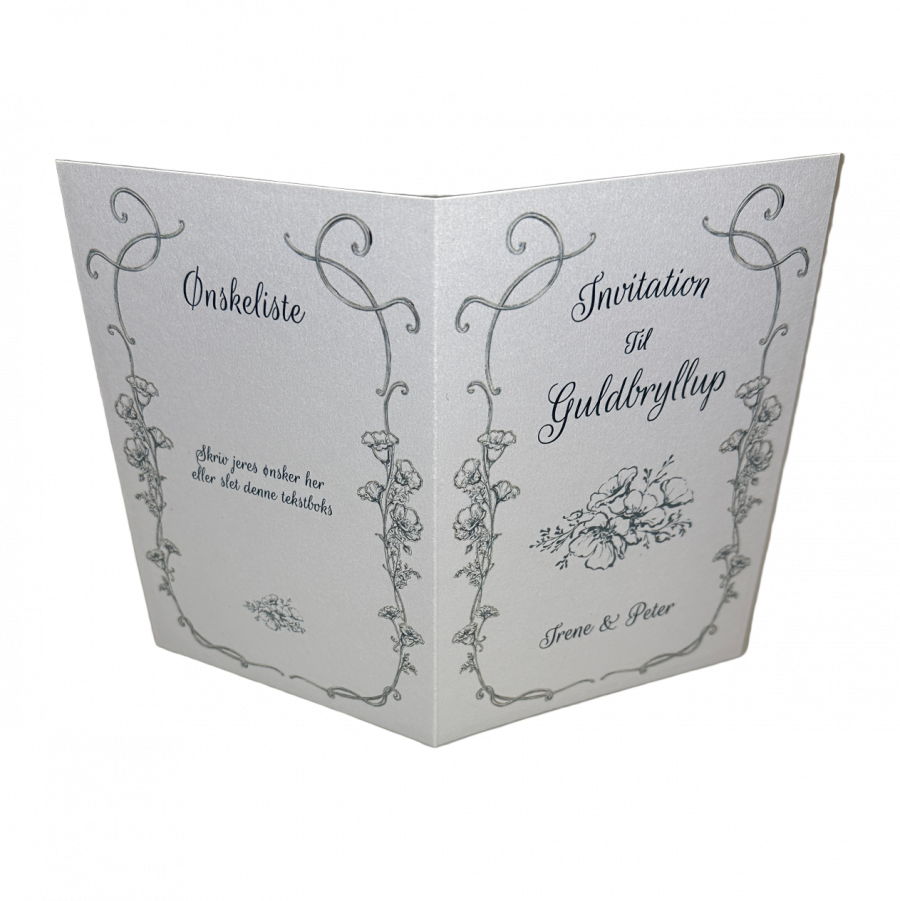 Invitation til guldbryllup - Foldet A5 - Støvet blå blomster - Image 3