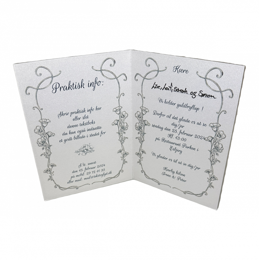 Invitation til guldbryllup - Foldet A5 - Støvet blå blomster - Image 2
