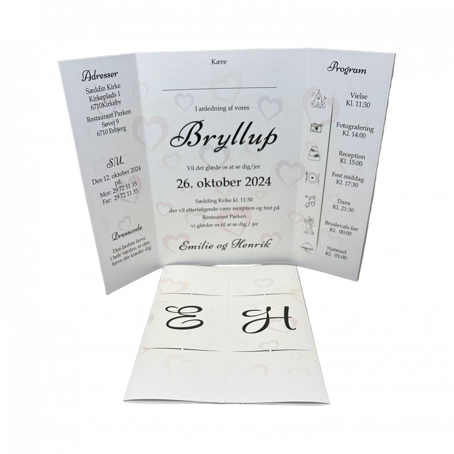 Invitation til bryllup - foldet A4 - Portfals-Gatefold - Hjerte baggrund