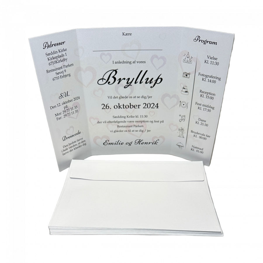 Invitation til bryllup - foldet A4 - Portfals-Gatefold - Hjerte baggrund - Image 2