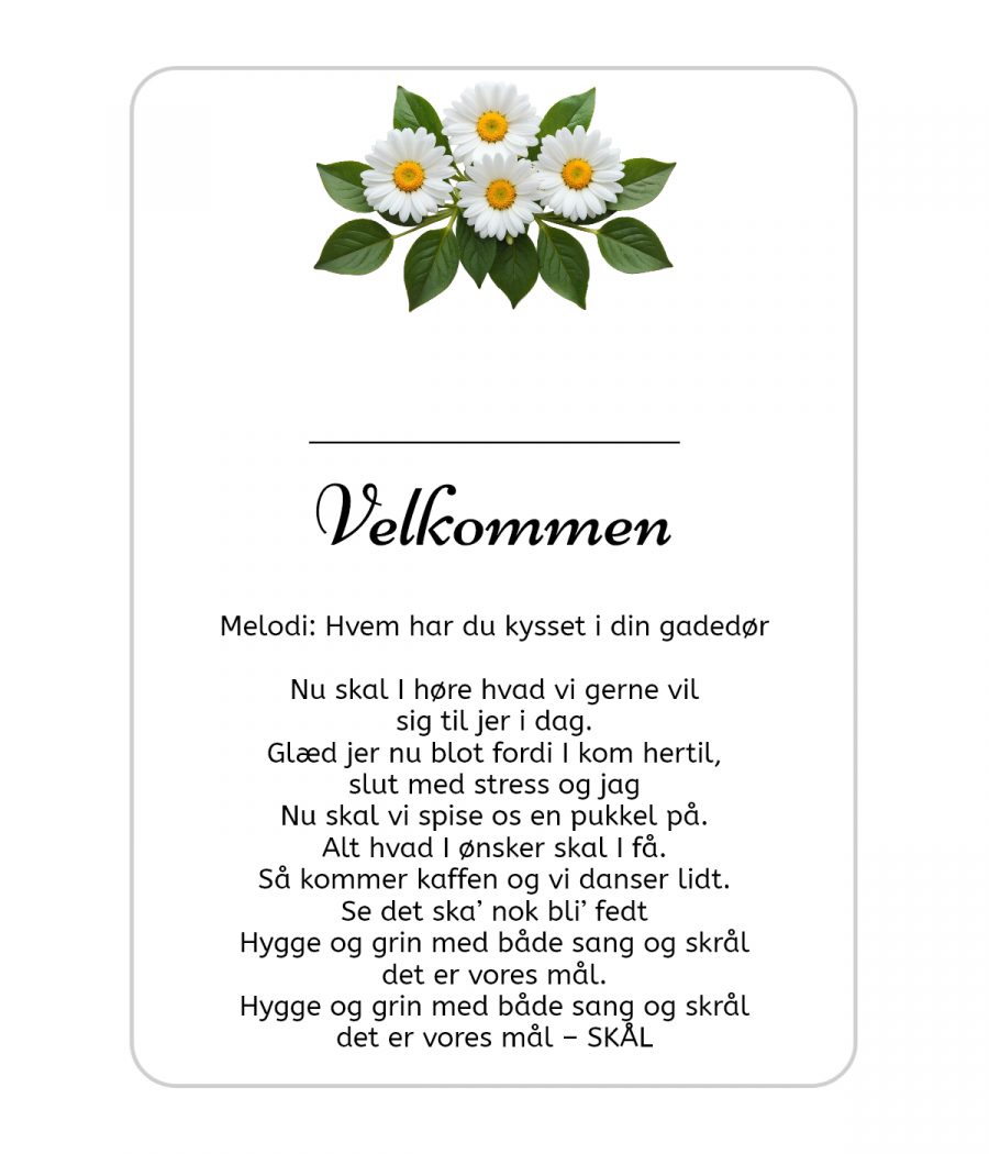 Bordkort - velkommensang - Perlemor - Margueritter - A5 foldet - Guldbryllup