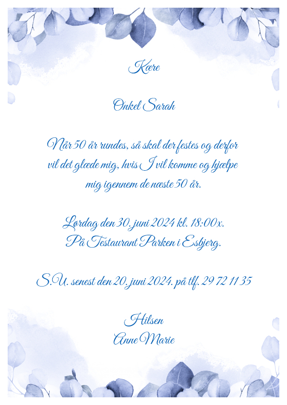 Invitation til fødselsdag - Lamineret  - Blå floral