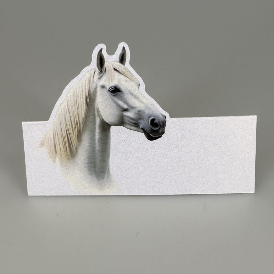 Bordkort hvid hest - Foldet Stå selv