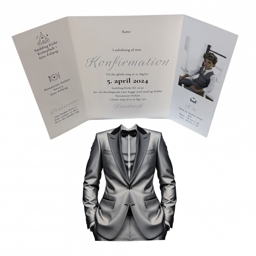 Invitation til konfirmation - foldet A4 - Portfals-Gatefold - Silver Tux