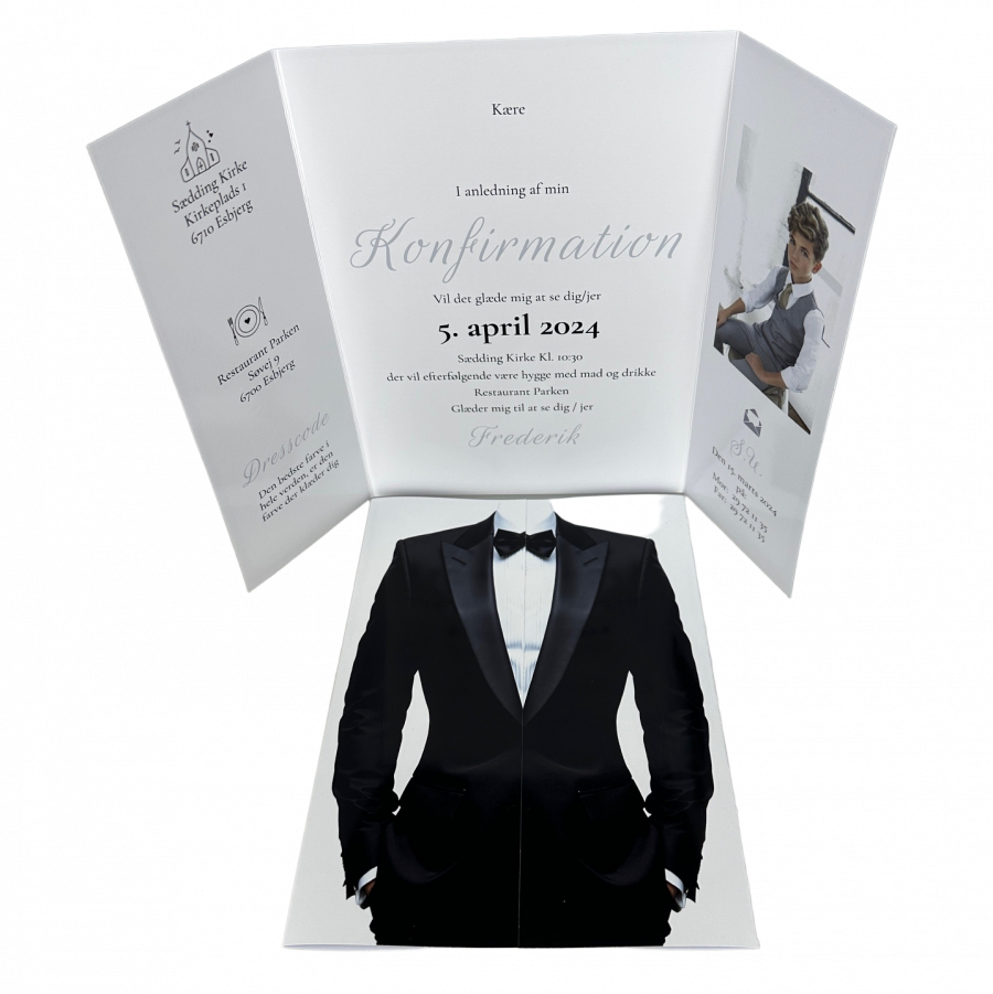 Invitation til konfirmation - foldet A4 - Portfals-Gatefold - Tux