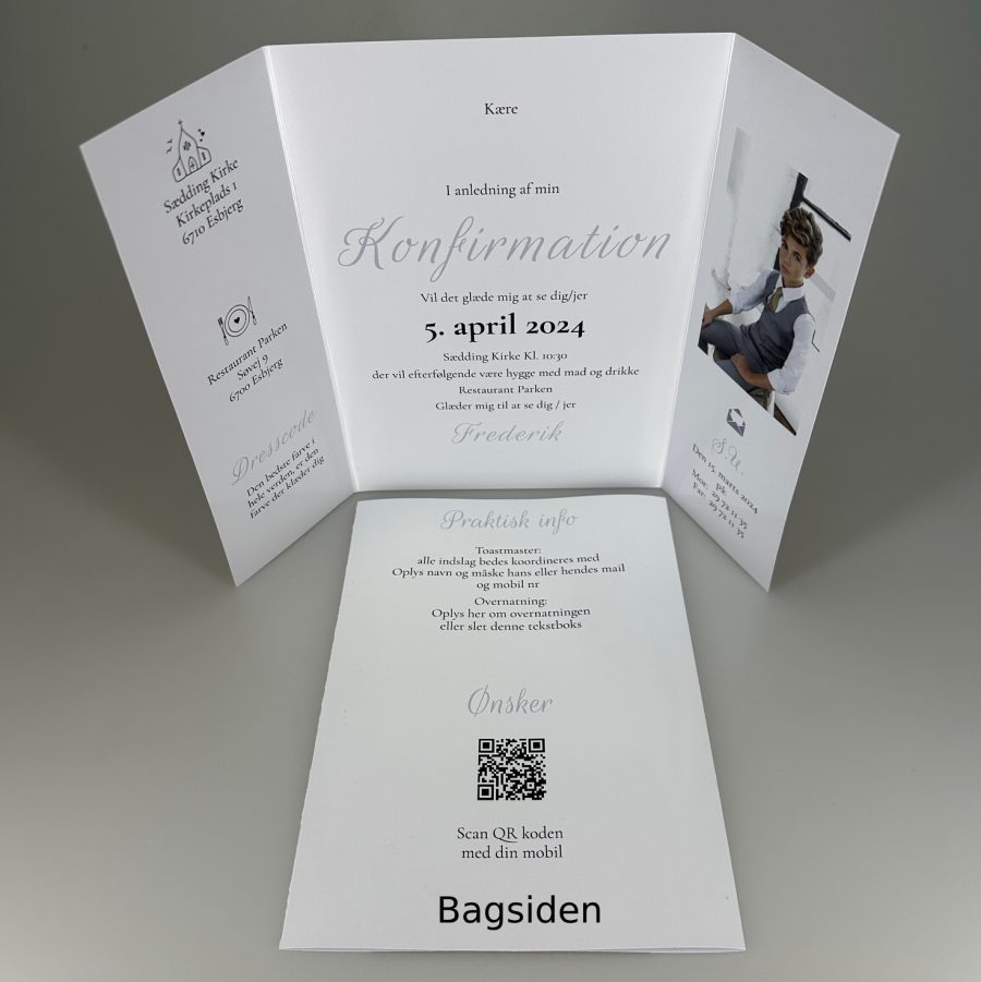 Invitation til konfirmation - foldet A4 - Portfals-Gatefold - Silver Tux - Image 2
