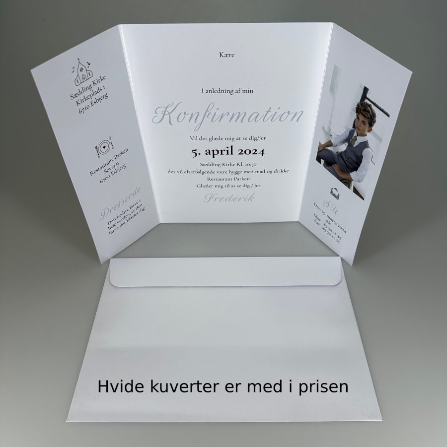 Invitation til konfirmation - foldet A4 - Portfals-Gatefold - Silver Tux - Image 4
