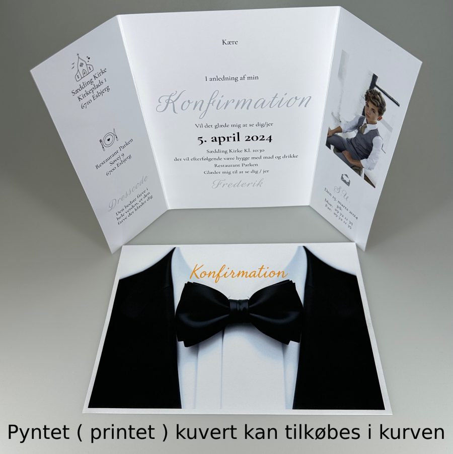 Invitation til konfirmation - foldet A4 - Portfals-Gatefold - Silver Tux - Image 3